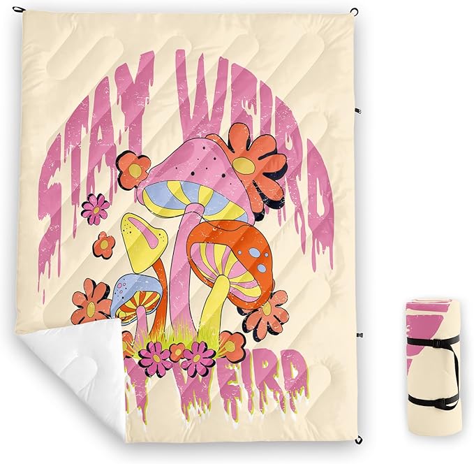 Axolotl Mushroom Printed Camping Blanket Orange Pink Flowers Lightweight Packable Outdoor Blanket Wild Mushrooms Puffy Backpacking Colorful Backpacking for Camping Sleeping Hiking Picnic