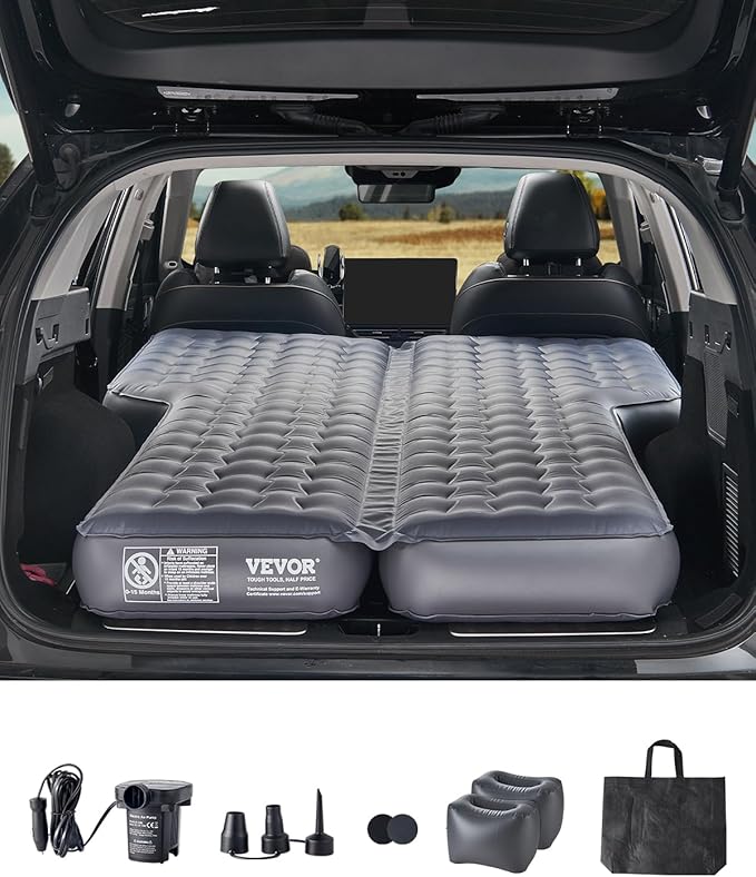 VEVOR Car Air Mattress Inflatable Car Camping Mattress Oxford Thickened Travel Beds Comfortable and Durable Portable Sleeping Pad with Air Pump Nozzle Carry Bag Fits Most SUV MPV Sedan Gray