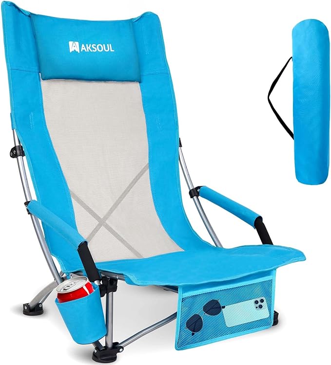 AKSOUL Folding Beach Chair for Adults: Low/High Back Chairs with Carry Bag - Extra Wide Seat Chair with Comfortable Pillow &amp Storage Pocket (1 Pack &amp 2 Pack Blue)