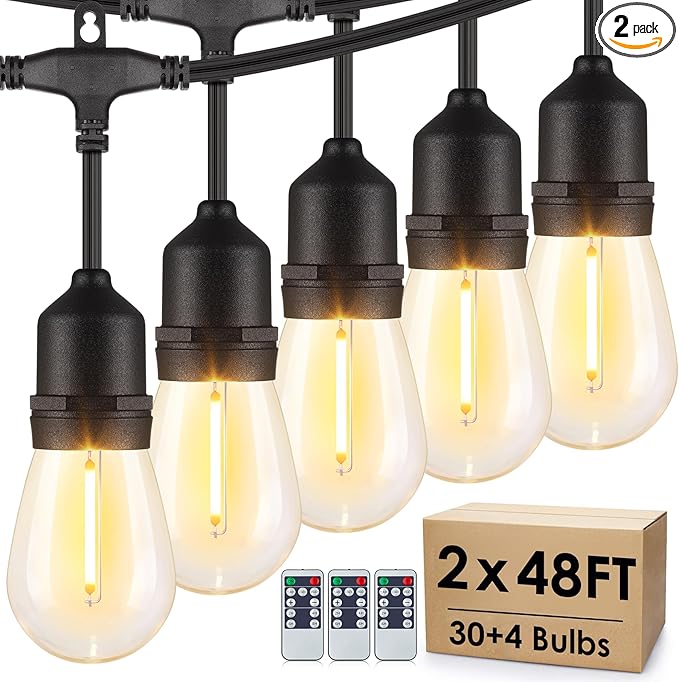 96FT(2 * 48FT) Outdoor String Lights with Remote Dimmable Patio Lights with 30+4 Bulbs 3 Modes 4 Level Timers for Balcony Porch Black 2 Pack