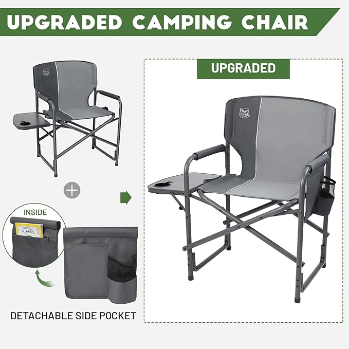 Timber Ridge Aluminum Oversized Camping Chair Lightweight Portable Directors Chair with Side Table Detachable Side Pocket for Outdoor Camping Lawn Picnic Support 400lbs Gray