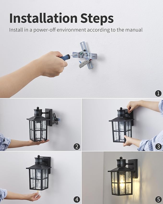 KDG Outdoor Motion Sensor Patio Wall Light Fixtures Set of 2 Black E26 Socket Waterproof Lanterns with Tempered Glass Modern Wall Mounted Lamps Suitable for Home Front Door Garage Porch