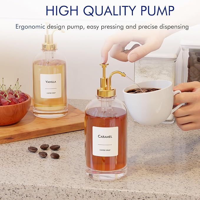 16.9 oz/500 ml Coffee Syrup Dispenser Set - 6 Glass Bottles with Gold Pumper and Syrup Labels - Precise Dispensing and Stylish Addition to Coffee Shop Cafe or Home Bar