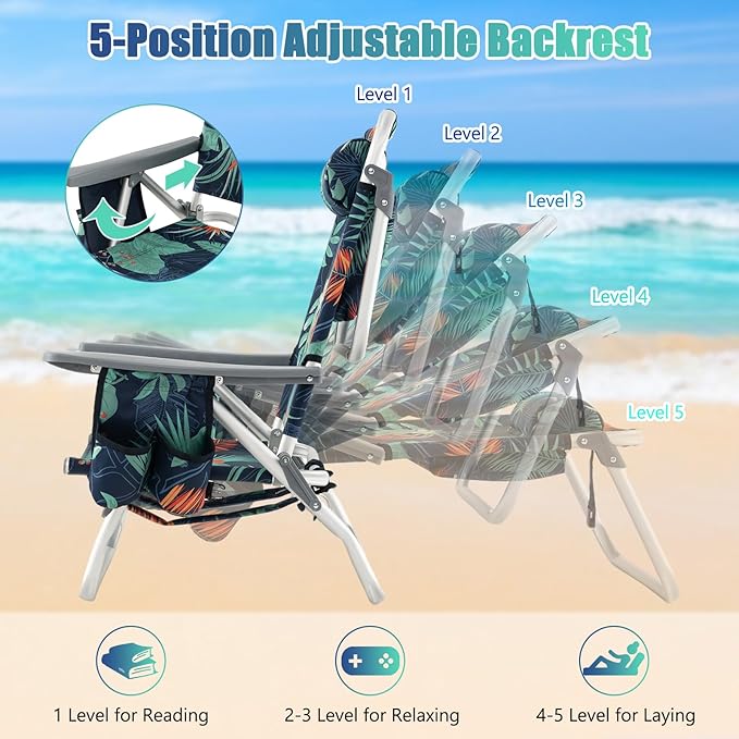 Tangkula Set of 4 Backpack Beach Chair 5-Position Lay Flat Beach Chairs with Cooler Bag 2 Cup Holders Towel Bar Lightweight Low Folding Beach Chair with Backpack Straps
