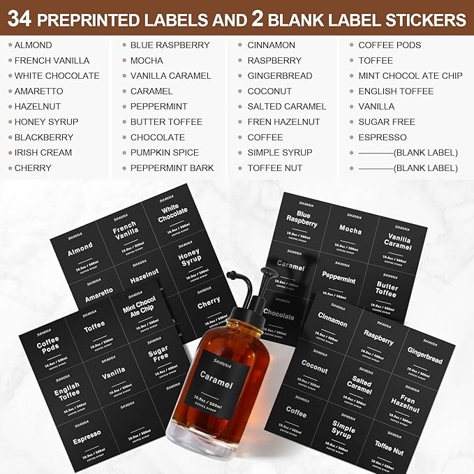 Coffee Syrup Dispenser for Coffee Bar 16.9oz 500ml Glass Syrup Dispenser w Black Coffee Scoop Coffee Syrup Pump Dispenser w 36 Labels and Bamboo Tray Coffee Syrup Bottles with Black Pump 3PCS