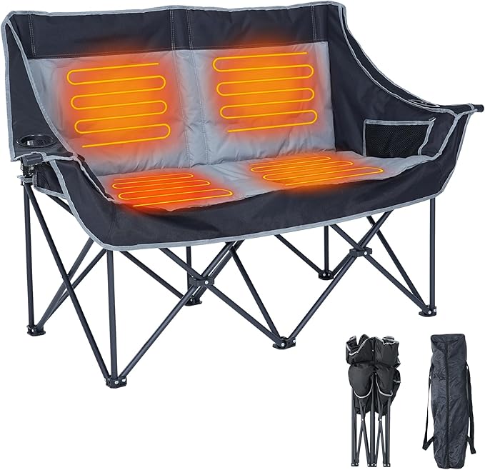 DoCred Heated Double Camping Chair Heated Folding Camping Chairs Loveseat Outdoor SportsHeating Oversized Loveseat Chairs for Adults2 Person Camp Chair with 3 Heat Levels Battery NOT Included