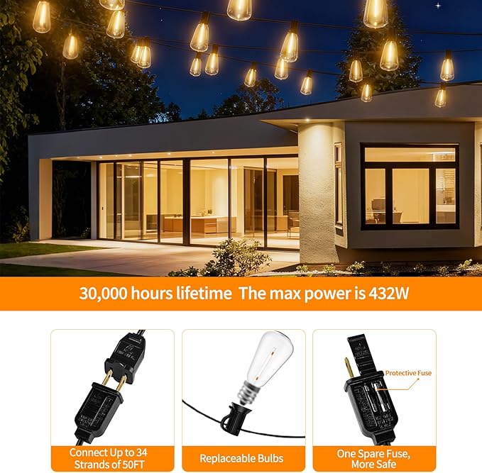 LED Outdoor String Lights 50ft ST38 Waterproof Patio Lights with 25 Vintage Shatterproof Bulbs(2 Spare) Dimmable Outside Hanging Edison String Lights for Backyard Porch Balcony Decor Warm White