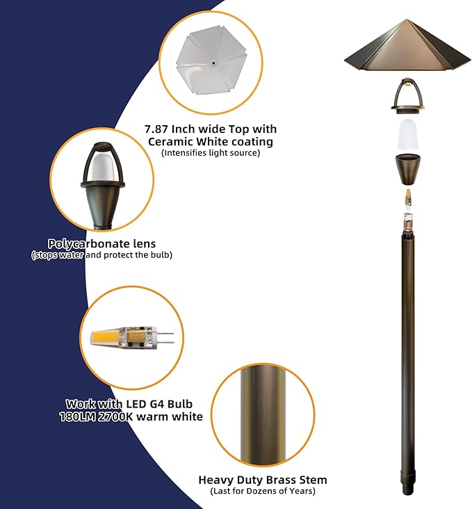 COLOER Solid Cast Brass Pathway Lights 12V Low Voltage Landscape Lighting LED Path Lights with G4 Bulb for Outdoor Walkway Garden 23 Tall 7.5 Shade (4) (4 P02 Bronze)