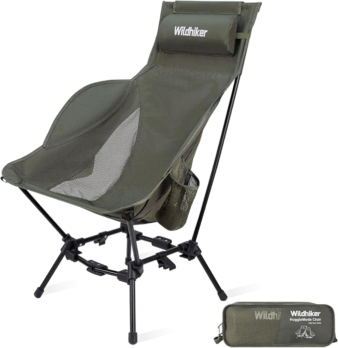 Wildhiker Compact High Back Camping Chair - Foldable with Dual Sitting Modes Pillow Arm Pads and Side Pockets - Lightweight Portable Chair for Motorcycle RV Festival Travel - Green