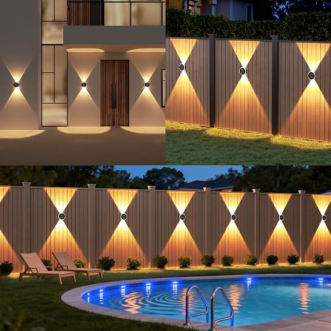 Ellasay Solar Fence Lights Outdoor: 360° Circular Lighting Solar Powered Wall Lights 12 Hours Long Runtime Up and Down Waterproof IP65 &amp 3 Modes High Brightness LED Focus Lens for Fence/Yard - 6 P