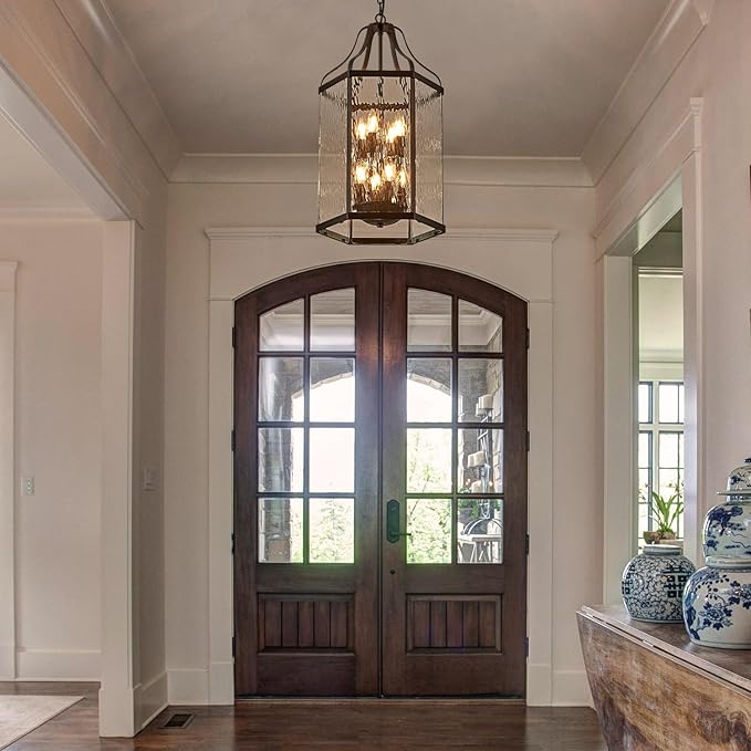 14 Modern 8-Light Exterior Black Lantern Pendant Light Fixture with Clear Rippled Glass Mini Industrial Hanging Cage Chandelier for Outdoor Kitchen Dining Room Hallway Entryway Foyer Porch