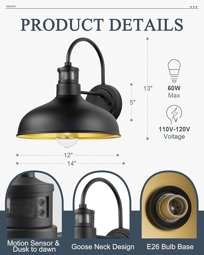 12'' Motion Sensor Outdoor Porch Lights Dusk to Dawn Wall Lights IP65 Waterproof Farmhouse Gooseneck Wall Lamp for Patio House Garage HSMD2215