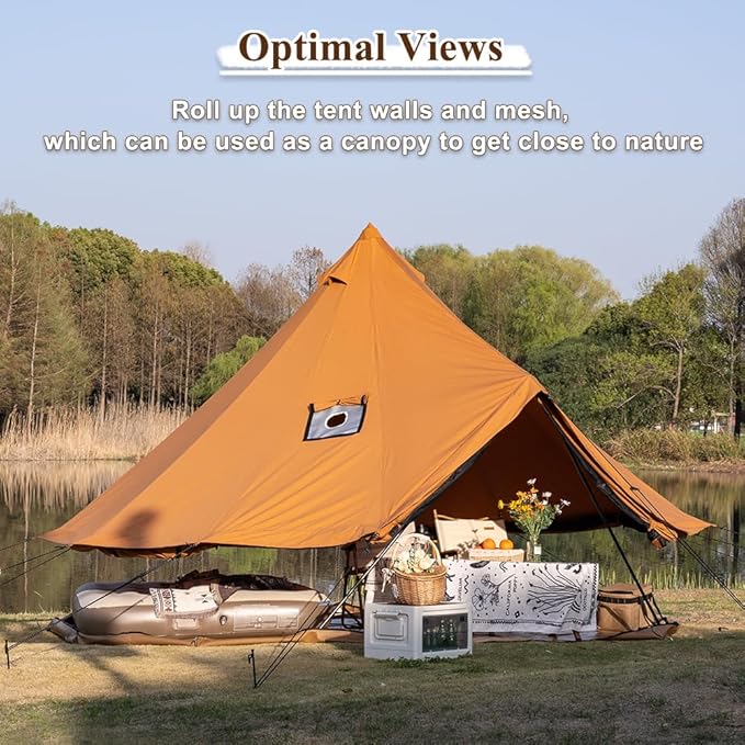 TOMOUNT Canvas Bell Tent with Stove Jack 4-6 Person Use with 360° Ventilated Mesh Dia13.1FT for Family Camping Glamping Yurt Tent 4 Seasons