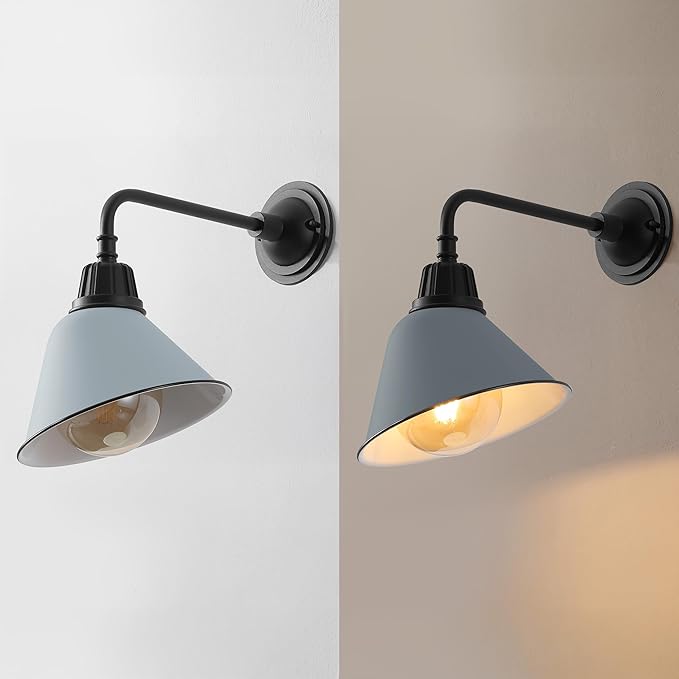 JONATHAN Y 9.63 Matte Silver Blue/Black Farmhouse Outdoor Sconce Industrial LED Wall Light Gooseneck Arm Barn Lamp with Metal Bell Shade for Porch Patio Kitchen LED Bulb Included (JYL7612K)