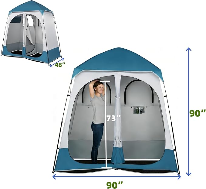 2 Rooms Camping ShowerTent - Portable Privacy &amp Changing Room Tent for Camping Hiking Beach | Lightweight Durable 15 * 19 Oxford Cloth Tent with Large Zipper Door 90x90x48 (Blue/White)