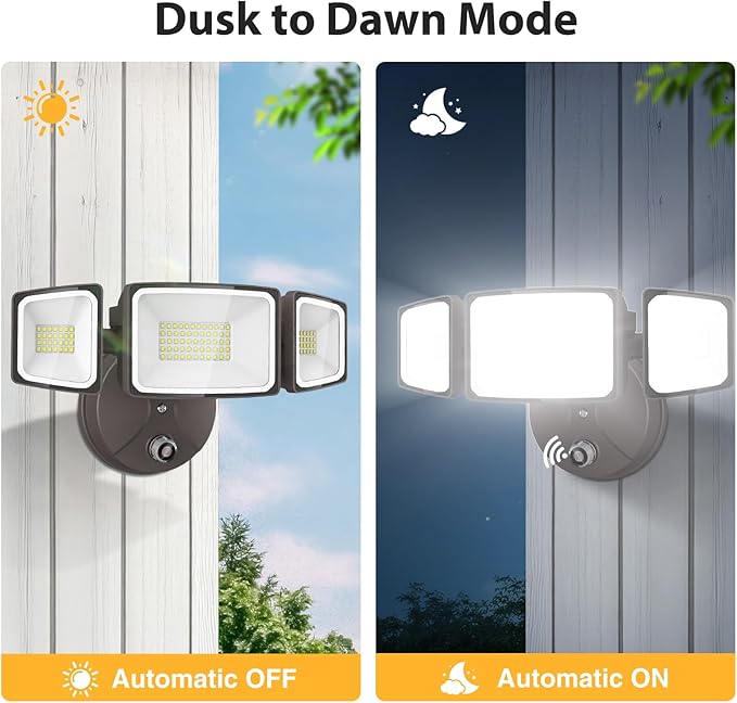 Onforu 70W LED Dusk to Dawn Flood Lights 7000LM Brown Exterior Security Outdoor LightingIP65 Waterproof Outdoor 3 Adjustable Heads Photocell Light Fixture6500K Floodlight for GaragePatioYard