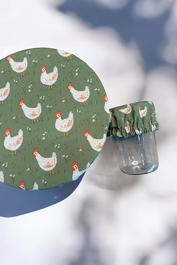 (4-Pack) Sourdough Reuseable Jar &amp Bowl Covers | Cute Baking Gift | 100% Cotton | Washable | Bread Proofing | Kitchen Food Storage Gifting | Starter Cover Lid Kit (Chickens)