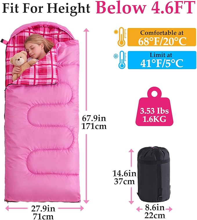Uniqwamer Kids Sleeping Bag for Girls Boys - 4 Seasons Cold &amp Warm Weather Flannel Camping Sleeping Bags Lightweight &amp Waterproof 45°F Sleeping Bag for Camping Hiking Outdoor Travel