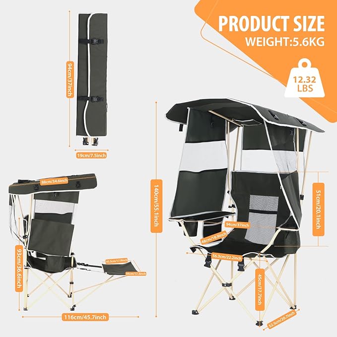 Camping Chairs with Shade Sports Chair with Canopy Folding Camping Chair with Cooler and Cup Holder Foldable and Lightweight for Camping Sports Events &amp Patio (1-Pack with Footrest)