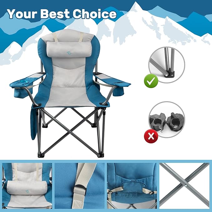 Double Padded Oversized Folding Camping Chair Folding Beach Chair for Adults with Lumbar Support &amp Headrest Camping Chair with Armrest Cooler Bag Side Pocket Cup Holder Blue&ampWhite