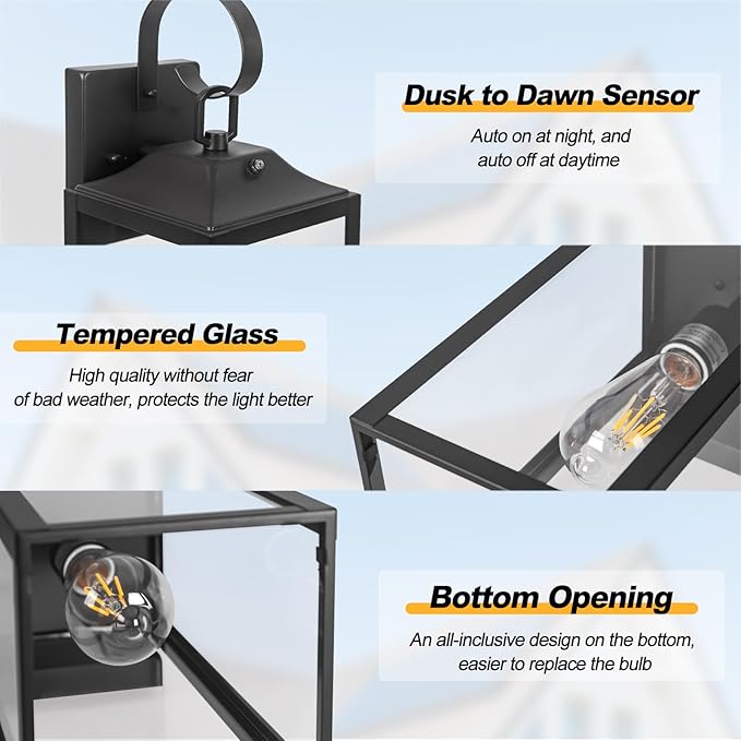 19 Large Dusk to Dawn Outdoor Lighting 2 Pack Black Sensor Porch Lights Exterior Lighting Fixtures Modern Wall Lantern Outdoor Wall Lights Waterproof Wall Sconce Lamp for House Doorway Garage