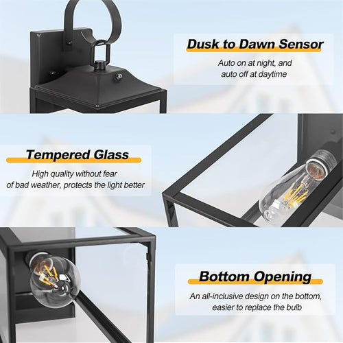 19 Large Dusk to Dawn Outdoor Lighting 2 Pack Black Sensor Porch Lights Exterior Lighting Fixtures Modern Wall Lantern Outdoor Wall Lights Waterproof Wall Sconce Lamp for House Doorway Garage