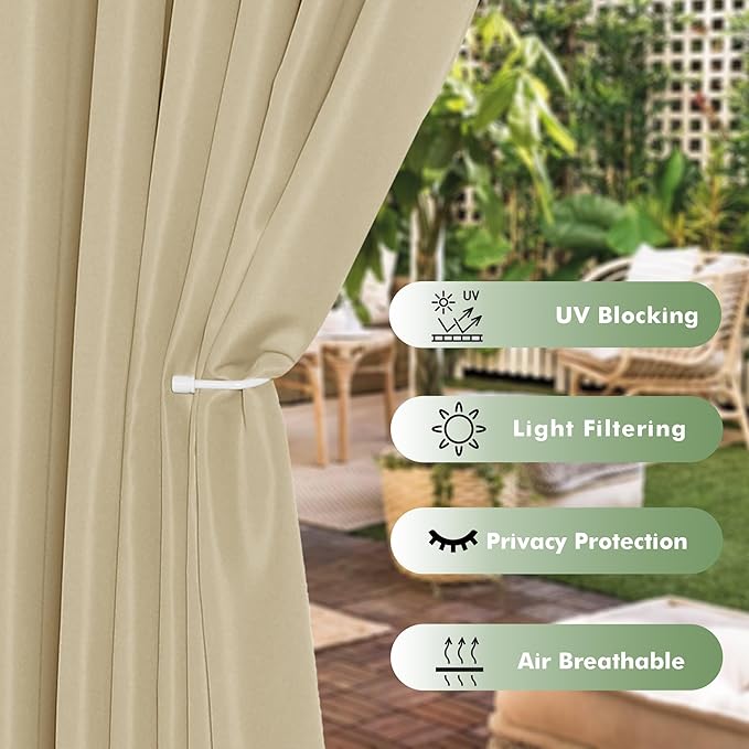 HolidayIdeas Extra Wide Outdoor Curtains for Patio Waterproof 6 Panels - 110x108 Inches - Weatherproof Privacy Outsides Curtains for Backyard Porch Gazebo Sunlight &amp UV Blocking (Cream Grommet