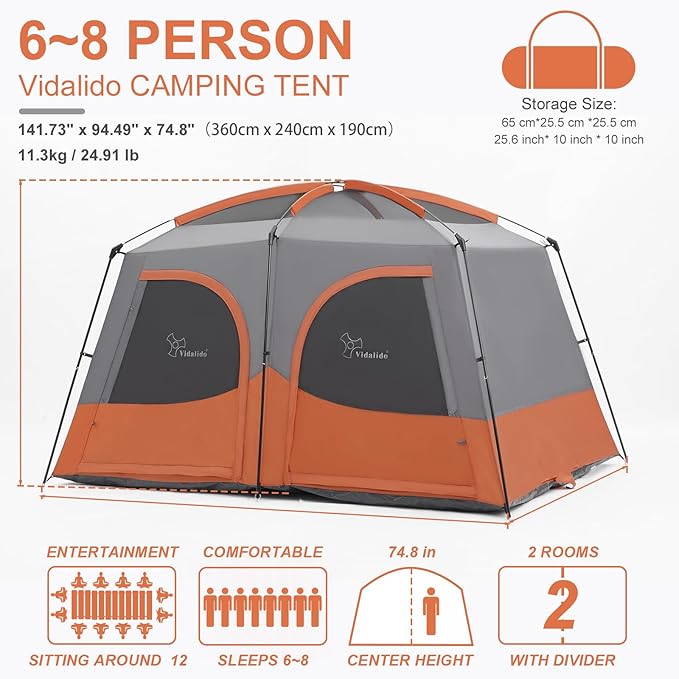 Vidalido Tents6-8 Person Camping Tent with Extended Vestibule2 Room Weather Resistant Family TentsEasy Install Waterproof Outdoor Tent for Backpacking and Camping Hiking