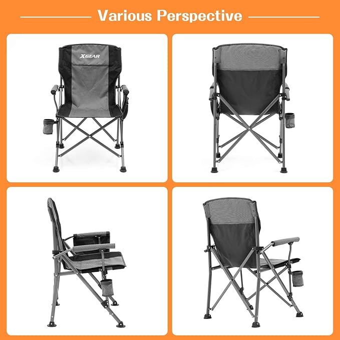 XGEAR Camping Chair with Padded Hard Armrest Sturdy Folding Camp Chair with Cup Holder Storage Pockets Carry Bag Included Support to 400 lbs