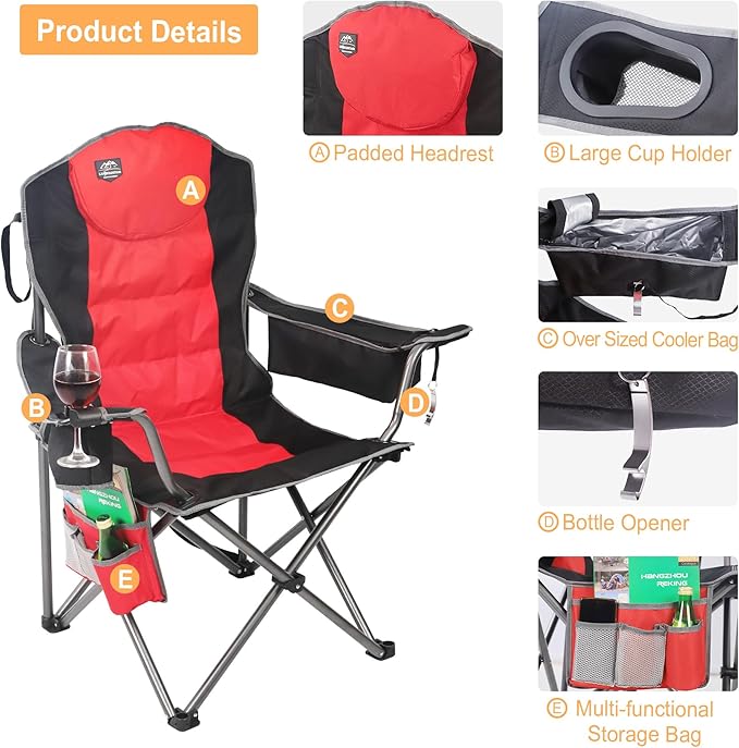 Northroad Oversized Camping Chair Full Padded Outdoor Folding Chair Support 350 LBS Heavy Duty Lawn Chair w/Cup Holder Cooler Bag Lumbar Support for Adult-Black
