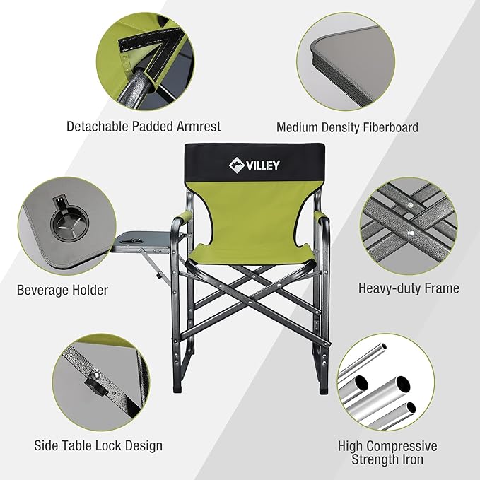 VILLEY Heavy Duty Directors Chair Folding Camping Chairs Portable Foldable Chair for Camp Tailgating Lawn Picnic Fishing Beach Supports 350 LBS Green