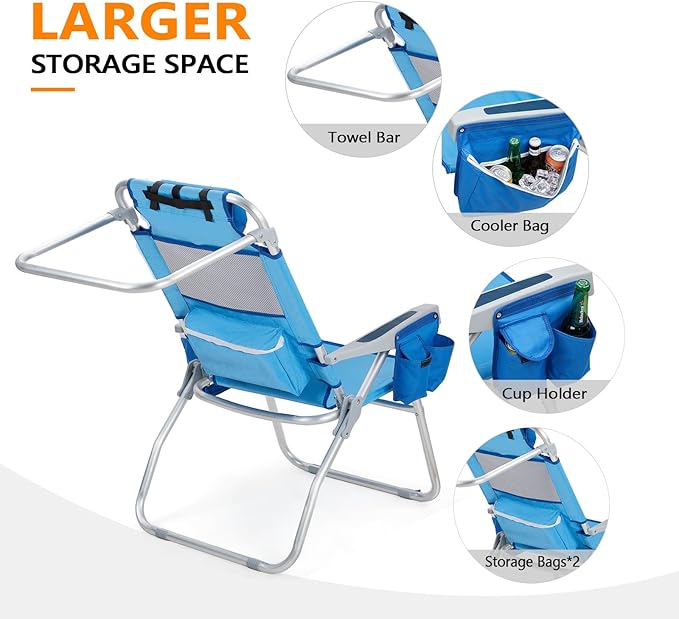 VINGLI 2 Pack Tall Beach Chair 16 with 5-Position Cooler Bag Cup Holders Towel Bar Lightweight Folding Beach Camping Chairs for Adults