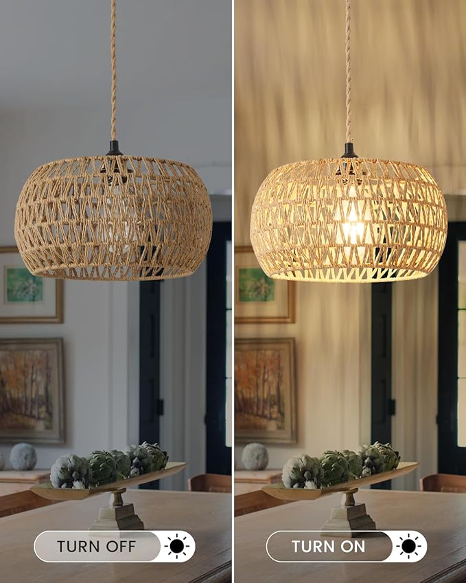 Rattan Boho Hanging Light12.6'' Natural Hand Woven Fabric Drum LightPlug Into Wall Outlet Pendant Light Fixture On/Off Switch for DiningLiving RoomBedroomKitchenHallway Entryway Without Bulb