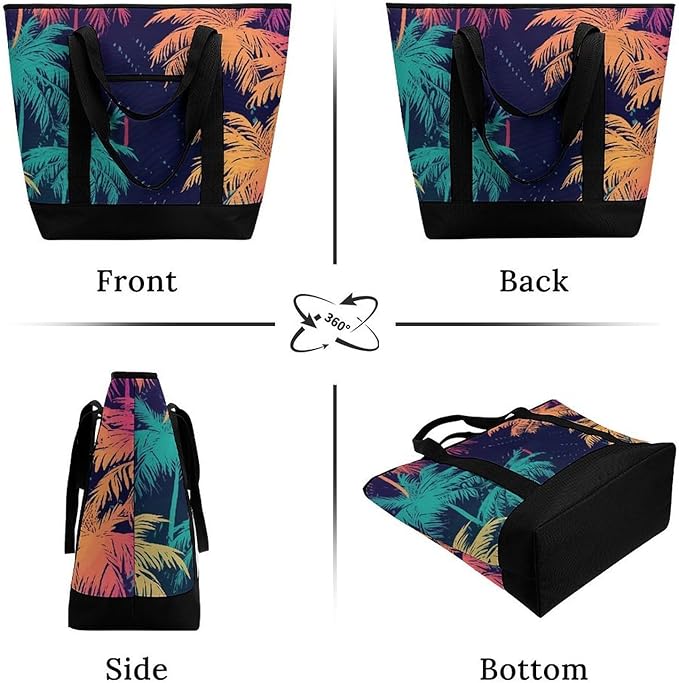 Insulated Shopping BagLarge Reusable Cooler Bags Colorful Palm Trees Printed Foldable Shopping BagTravel Waterproof Shoulder Bag