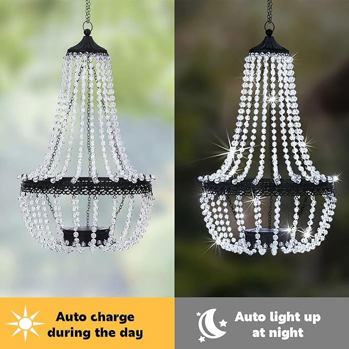 Hanging Solar Lantern Outdoor 28” Modern Clear Crystal Acrylic Chandelier with 30 Cool White Lights S Hook for Garden Yard Patio Gazebo Decorations