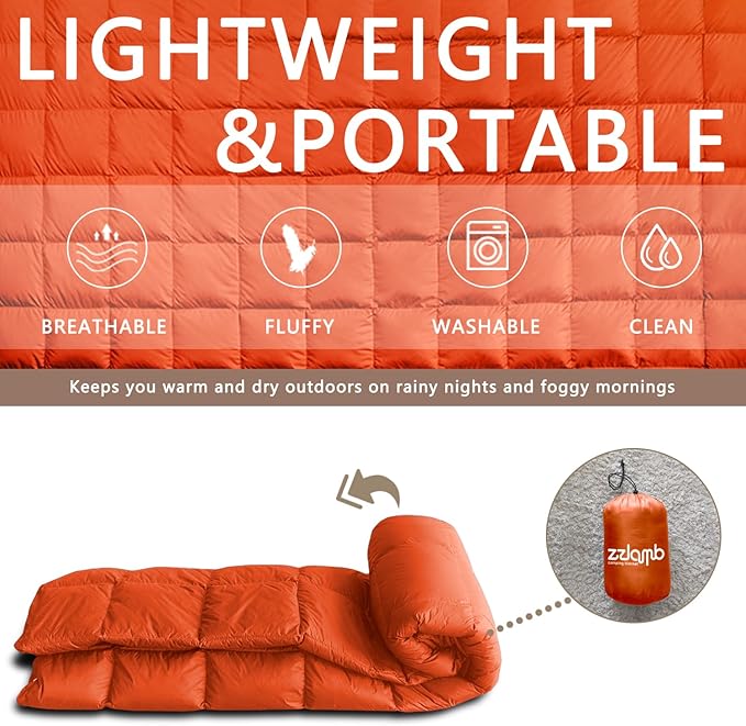 zzlamb Puffy Down Camping Blanket Water-Repellent Down Throw Travel Blanket Portable for Outdoor Light Warm Quilt for Couch Plane Car Theater Stadium Picnic RV Backpacking Hammock