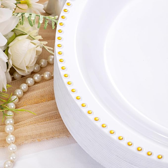 Rubtlamp 60Pcs White Gold Plastic Plates White Disposable Plates With Gold Beaded Heavyduty Plastic Plates Include 30 Dessert Platos 30 Dinner Platos for Party