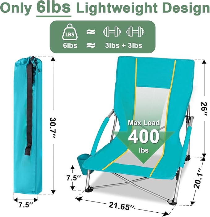 Romswi Low Beach Chairs for Adults 2 Pack Lightweight Folding Sand Chairs with Breathable Mesh Back &amp Cup Holder Portable Compact Camping Chairs 400lbs CapacityGreen