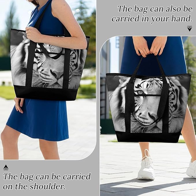 Insulated Shopping BagLarge Reusable Cooler Bags Black White Tiger Printed Foldable Shopping BagTravel Waterproof Shoulder Bag