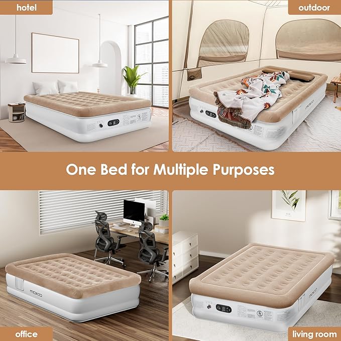 Air Mattress Queen with Built in Pump 18'' Luxury Inflatable Mattress 3 Min Fast Blow up Mattress with Dual-Chamber Comfort Top - Velvety Air Bed for Home Camping Travel Guests White + Khaki