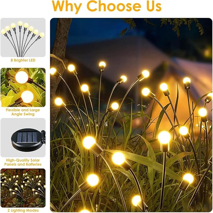 Solar Garden Lights 8 Pack 64LED Solar Firefly Lights Waterproof Garden Light Outdoor with 2 Lighting Modes Swaying Light for Outside Yard Walkway Patio Lawn Flower Bed Decoration (Warm White)