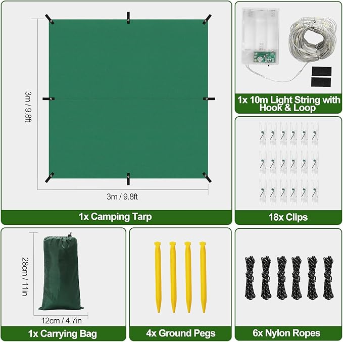 Rhino Valley Waterproof Tent Tarp 9.8 × 9.8 Ft Large Outdoor Shelter Cover with Light Strings Lightweight Portable Tarp Shelter Rain Tarp Camping Canopy for Hiking Traveling Backpacking