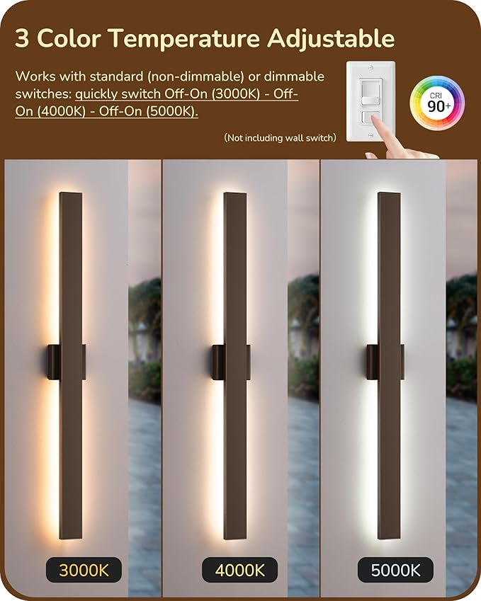 EDISHINE 2 Pack Modern Outdoor Wall Lights Dimmable 39.3 Rectangular Outdoor Wall Sconce 3CCT Iron &amp PC IP65 Waterproof Long Front Porch Light for Patio Yard Oil Rubbed Bronze