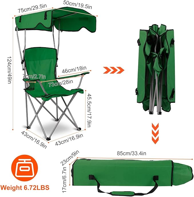 iMounTEK Camp Chair Foldable Canopy Camp Chair with Shade Sun Protection Camping Recliner with Carry Bag Support 330LBS Load Folding Seat with Cup Holder for Fishing/Beach/Travel/Picnic(Green)