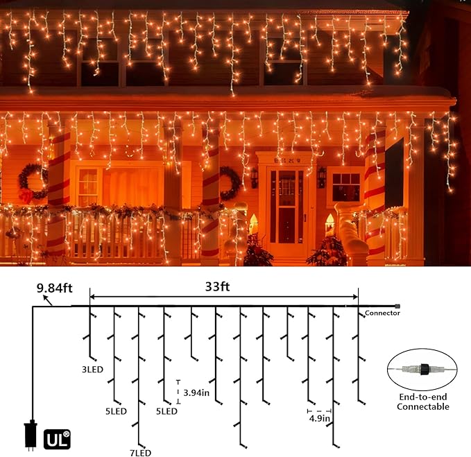 QITONG Orange Icicle Lights for Outside 33ft 400 LED String Light with 8 Modes Clear Wire Connectable Icicle Christmas Lights Indoor Plug in for Halloween Thanksgiving Fall Décor