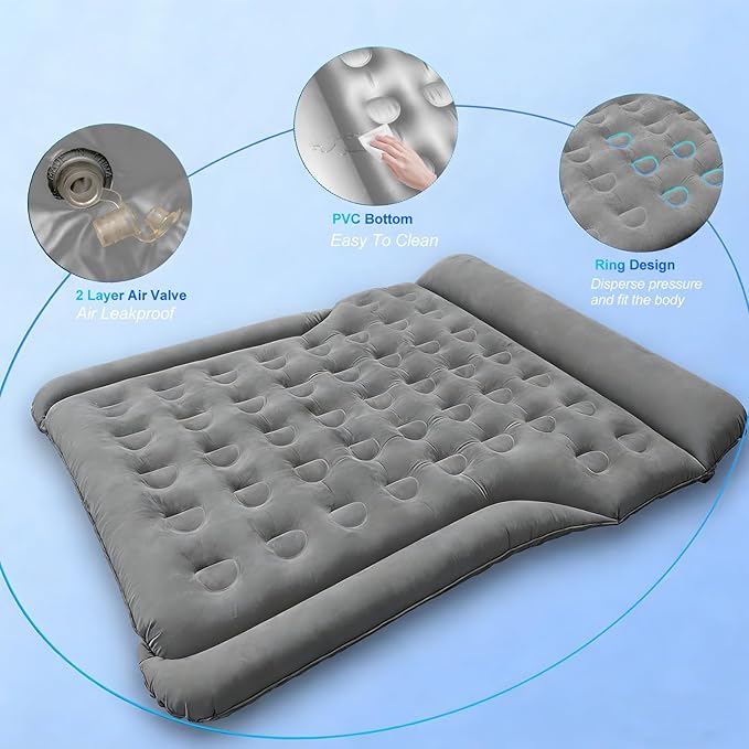 Car Air Mattress - Inflatable Camping Bed Full Size SUV Trunk Mattress Foldable Universal Car airBed Flocking Sleeping Mat for Roadtrip Travel Outdoor Tent Home (Fuzz Grey)