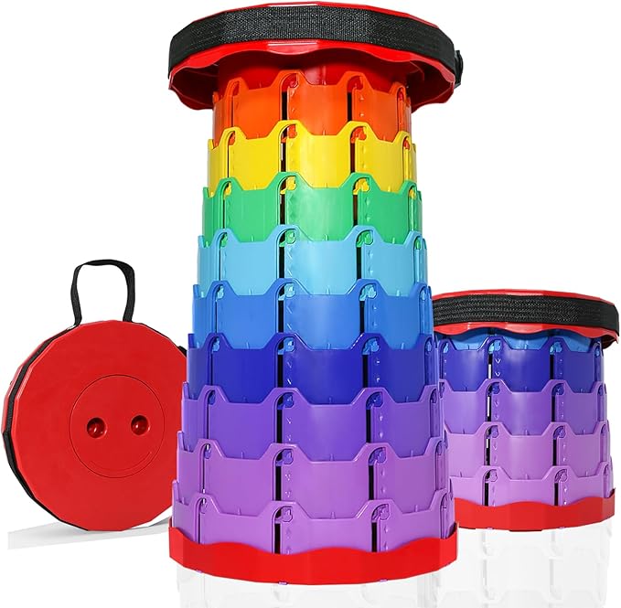 Upgraded Collapsible Stool 400LBS - Portable Adjustable Height (2.5-18) Quick Open Folding Seat for Camping Beach Travel (Rainbow Red)