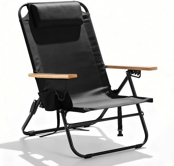 Cansky Portable Beach Chair for Adults Outdoor Lightweight Camping Chair with Wooden Desgin Armrests 5-Position Reclining Flat Lay Cup Holder Zipper Pouch Backpack Design No Towel Rack Black
