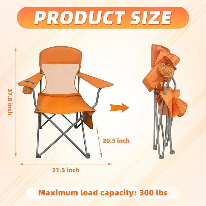 Lightweight Camping Chair for Adults 300lbs Capacity Foldable Portable Lawn Chair with Carry Bag Outdoor Chair for Camping Lawn Beach &amp Travel Orange