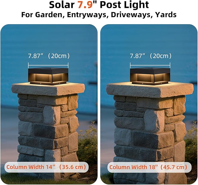 Solar Post Lights Outdoor 7.9'' Pillar Lights Waterproof 3000K Fence Column Cap Light Dusk to Dawn Solar Powered Lantern Modern Lamp Posts Outdoor Lighting Fixture for Yard Pathway Deck Garden